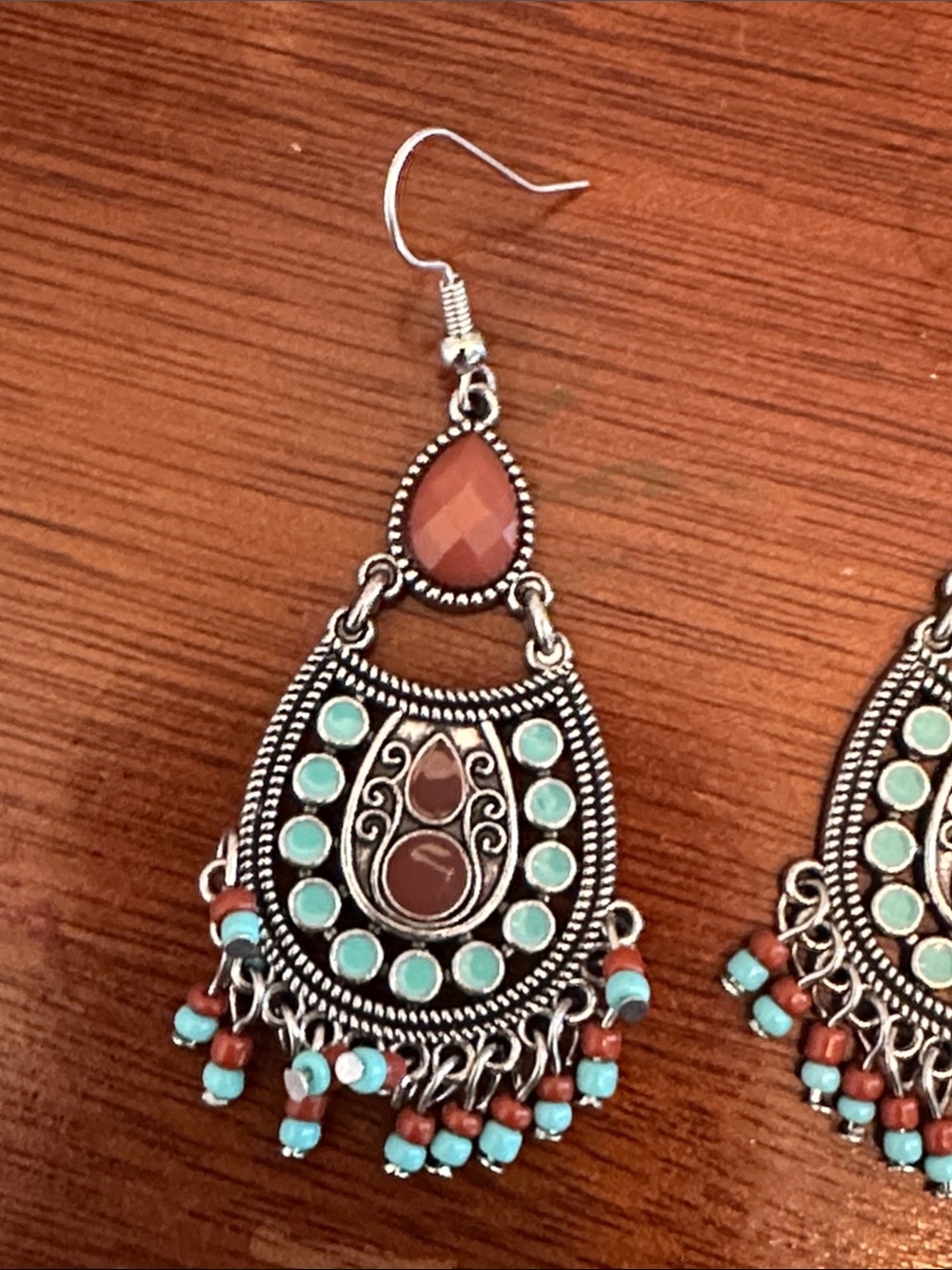 Boho Teardrop Dangle Earrings in Turquoise and Rust - Women Jewelry - Picture 5 of 8
